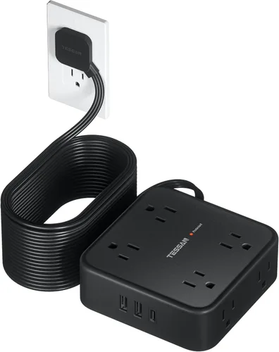 Vista 12 de TESSAN - Tira de alimentación con protector de sobretensiones, cable de extensión plano de 5 pies con 8 salidas de CA, 3 puertos USB (1 USB C), Gris