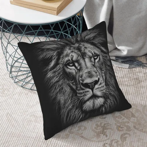 Vista 8 de Fundas de almohada decorativas de pana con estampado de cabeza de león en blanco y negro, funda de almohada suave para sofá, funda de cojín cuadrada