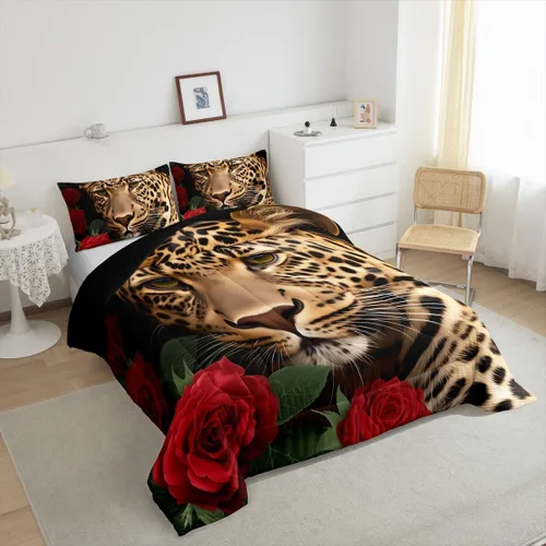 Vista 4 de Erosebridal Juego de ropa de cama de guepardo con rosa roja, juego de edredón con estampado de leopardo y gato, edredón romántico de plumón, Multi 03