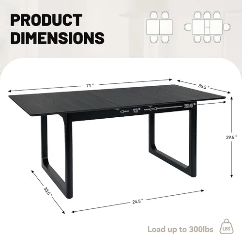 Vista 2 de HNY Mesa de comedor de madera extensible para mesas de cocina rectangulares modernas de 4 a 8 pulgadas, 71 pulgadas con base de madera, mesa de Negro