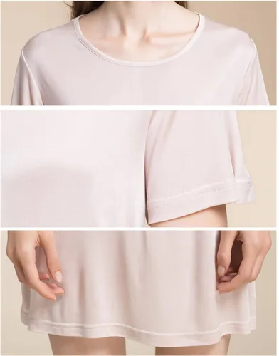 Vista 4 de Grenasasilk Camisón de seda de manga corta para mujer, camisón de seda de morera pura, cuello redondo, ropa de dormir Beige
