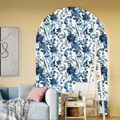 Vista 3 de Papel tapiz vintage azul floral para despegar y pegar, papel de contacto de hojas de ramas, impermeable, extraíble, fácil de despegar, 17.71 x 118.1
