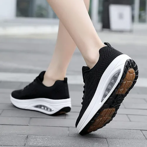 Vista 7 de WENOREG Tenis de malla transpirable para mujer, con amortiguación de aire, con cordones, ortopédicos 3D, plataforma de tendón de ternera, para Negro