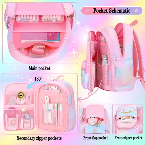 Vista 3 de Mochila para niñas con diseño de arco iris estrellado, mochila de gran capacidad, multifunción, a la moda, casual, bolsa de viaje para computadora