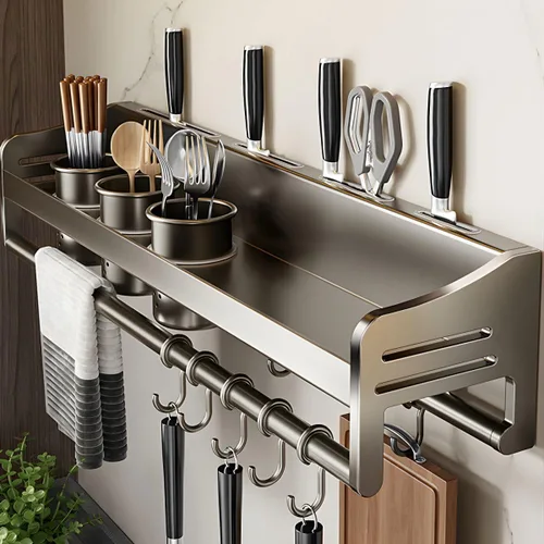 Vista 3 de Wall Stainless Steel Storage Rack Gray with Hooks Kitchen Wall-Mounted No Drilling Required, Multi-Functional Knife Kitchen Storage Stainless Steel