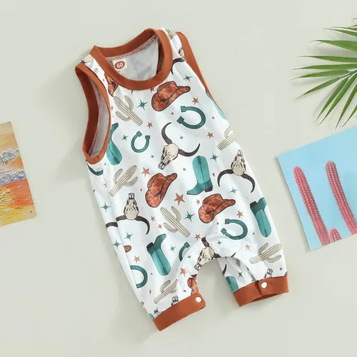 Vista 2 de Omkzanbi Ropa de verano para bebé del oeste, ropa de verano retro con estampado de vaca, mameluco sin mangas, lindo mono de vaquero de campo de 0-18