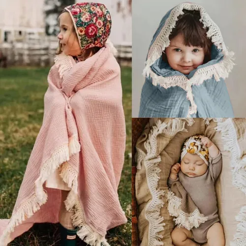 Vista 3 de Manta de muselina de algodón insular para bebé con borla, manta de muselina boho bohemia para bebé con borla, manta de recepción para bebé