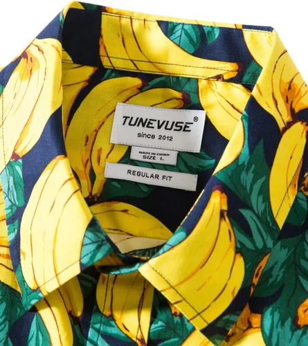 Vista 4 de TUNEVUSE - Camisa de manga corta para hombre con botones, diseño floral, camisa hawaiana de playa de verano de algodón Estampado de plátano.
