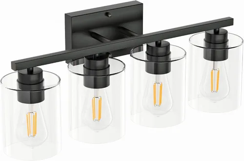 Vista 8 de Honesorn Lámparas de baño de 4 luces, luz de tocador de baño, color negro mate, accesorios de iluminación modernos con pantalla de vidrio