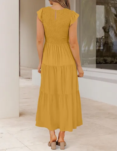 Vista 4 de ZESICA - Vestido por debajo de la rodilla para mujer, diseño informal y escalonado de manga corta, con cuello redondo y cintura elástica fruncida