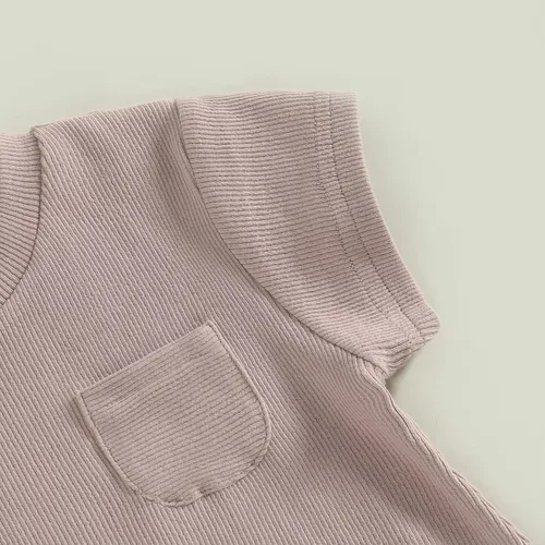 Vista 5 de KMBANGI Mameluco de manga corta con cuello redondo de punto acanalado de color sólido para bebé, niña y niño, traje de verano de una pieza