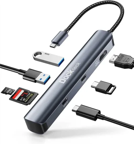 Vista 9 de Hub Ethernet USB C, adaptador multipuerto 5 en 1 de dockteck con USB C a 4K HDMI, LAN de 1 Gbps, 3 USB 3.0, para MacBook Air/Pro, iPad Air/Pro