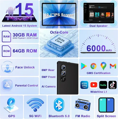 Vista 3 de Tableta 2025 con Android 15 de 10 pulgadas con teclado de 30 GB de RAM 64 GB ROM, tableta 2 en 1 Octa-Core con Gemini AI, WiFi 5G, 6000 mAh