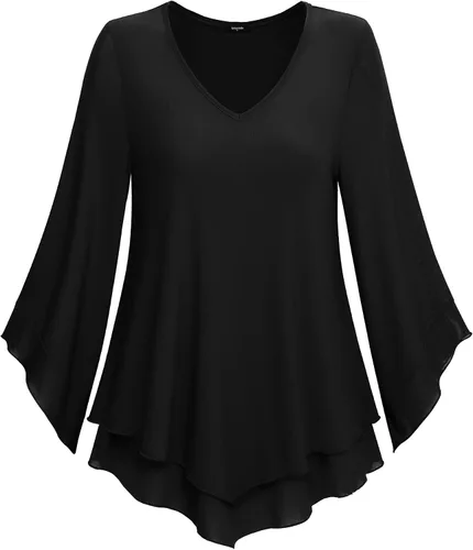 Vista 3 de Lotusmile - Blusa de vestir para mujer, camisa de malla de doble capa, manga acampanada 34, blusas de túnica