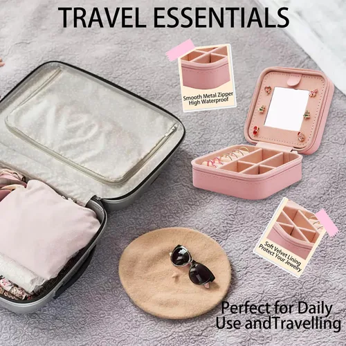 Vista 5 de Joyero de viaje para mujeres y niñas, joyero pequeño con flor de nacimiento, regalos de cumpleaños para hija, nieta, joyero de viaje con espejo