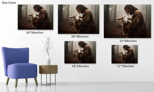 Vista 5 de Arte de pared en lienzo de Jesús y Cordero, Arte de pared en lienzo de Jesús abrazando a un cordero fangoso, Arte de pared cristiano para decoración