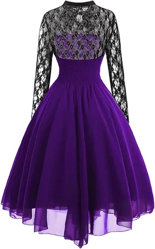 Vista 2 de IWEMEK Vestido gótico steampunk para mujer con corsé, encaje floral, vestido de cóctel con vuelo, pañuelo, vestido punk de vapor para Halloween