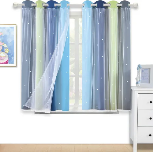 Vista 12 de Cortinas de rayas de estrellas para dormitorio de niñas, cortinas huecas para ventana, cortinas de ventana con ojales, cortinas coloridas degradadas