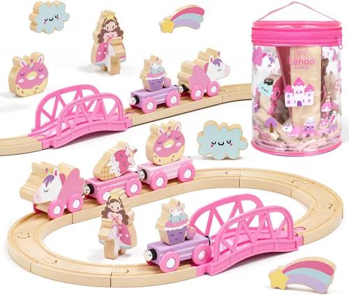 Vista 10 de Lehoo Castle Juego de Tren de Madera - Juego de Tren de Dinosaurio para Niños Pequeños de 2-4 Años, Juguetes de Vías de Tren de Madera y Conjunto