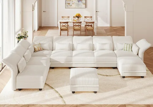 Vista 25 de LLappuil - Sofá seccional en forma de L con almacenamiento, sofás seccionales modulares beige de pana para sala de estar con brazos y respaldos Pana