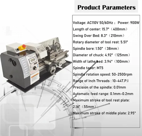 Vista 5 de Torno de metal de sobremesa de 8 "* 16", torno de metal de precisión de roscas de pulgadas, mini torno 900W motor sin escobillas, velocidad variable