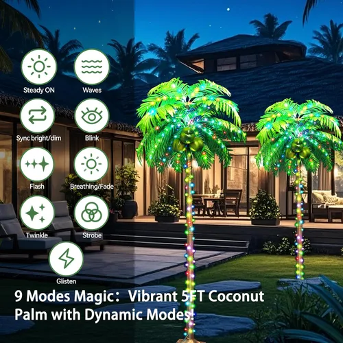 Vista 4 de Ledido - Palmera artificial iluminada de 5 pies, colorida con 3 cocos, 144 luces LED, para exteriores, con control remoto, impermeable, regulable
