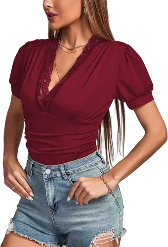Vista 5 de LYANER Body de manga corta abombada con cuello en V y ribete de encaje para mujer