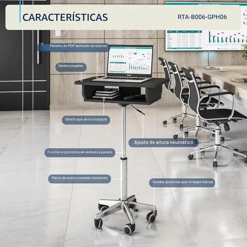 Vista 4 de Techni Mobili RTA-B006-GPH06 - Soporte para laptop con altura ajustable, paneles plegables con almacenamiento, ruedas giratorias que no dejan