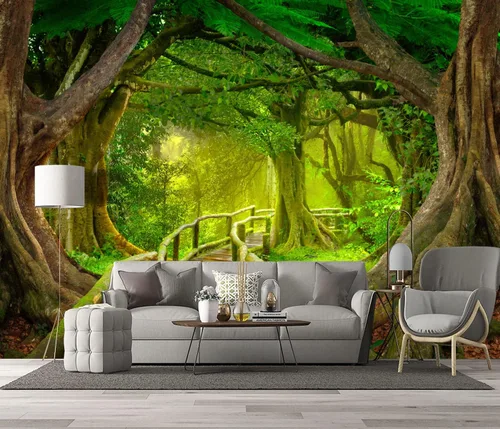 Vista 2 de Hermoso papel pintado de naturaleza verde con bosque grande, árbol gigante, paisajes de la jungla, murales de escenas de dormitorio, decoración