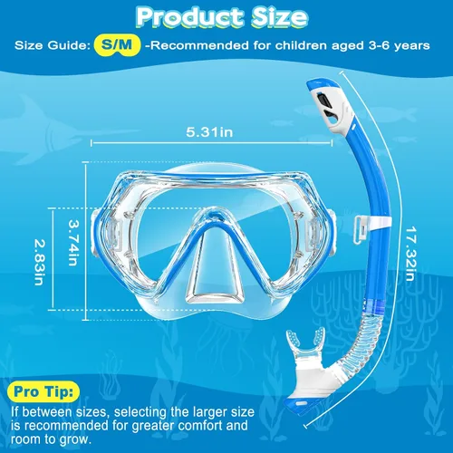 Vista 7 de 2 juegos de equipo de esnórquel para niños de 3 a 14 años, antivaho 180° Clear View Dry Top Snorkel Set, máscara de natación con cubierta nasal