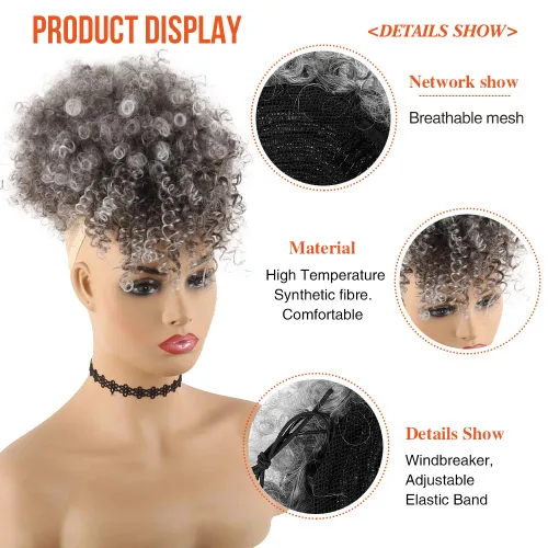 Vista 4 de CINHOO Extensiones de cabello con cola de caballo gris para mujeres negras, cola de caballo sintética con cordón, cola de caballo sintética corta