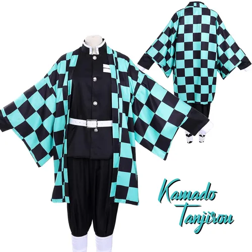 Vista 3 de Alaiyaky - Disfraz para cosplay de Tanjiro, traje para niños, disfraz con chaqueta y capa de Tanjiro Kamado de Demon Slayer para cosplay, Halloween