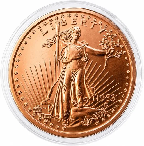 Vista 9 de Réplica de Águila de Oro India de 1907, $10, 1 onza de cobre puro .999, redonda, coleccionable, moneda de 39 mm en cápsula - COA de Heavenly Metals