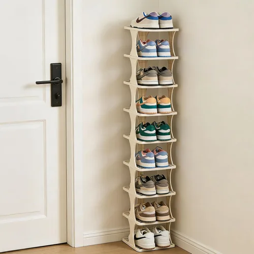 Vista 10 de Zapatero vertical de 5 niveles, organizador de zapatos de esquina para entrada, organizador de zapatos estrecho para espacios pequeños, zapato alto