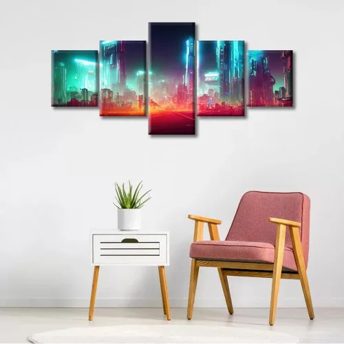 Vista 175 de Cuadros de 5 paneles de Cyberpunk City, arte de pared, representación de vallas publicitarias, edificios modernos en la capital con obras de arte