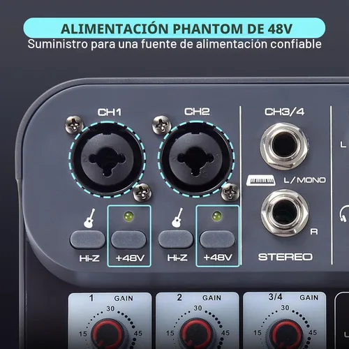 Vista 3 de Mezclador de audio DJ de 4 canales, mezcladores de sonido, placa de mezcla de sonido XLR 1/4" de interfaz, entrada BT USB MP3 para computadora