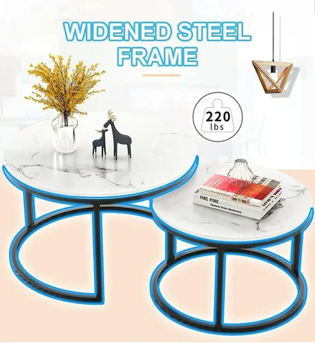 Vista 3 de Mesa - Juego de 2 mesas de centro redondas con parte superior de mármol sintético, mesa auxiliar moderna d metal e esquina anidable mesa de cóctel