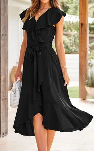 Vista 5 de PRETTYGARDEN Vestido midi cruzado de verano para mujer, casual, bohemio, cuello en V profundo, manga corta, dobladillo con volantes, vestido largo