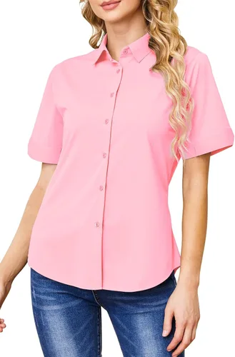 Vista 16 de Camisas con botones para mujer, sin arrugas, ajustadas, manga corta, formal, sólidas, blusas