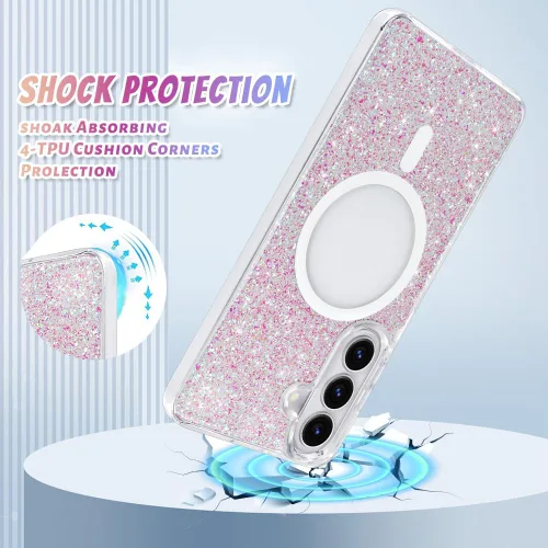 Vista 591 de Bonoma - Funda compatible con Samsung Galaxy S21 Plus, diseño de corazón con purpurina, color rosa Support for MagSafe, Plating Magnetic Case TPU