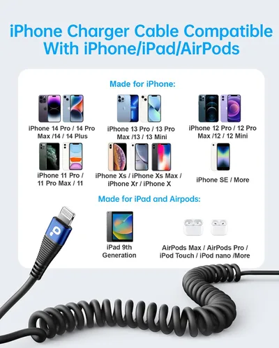 Vista 6 de Cable de carga para iPhone para automóvil de 3 pies, paquete de 2 cables Lightning enrollados, [certificado Apple MFi] cable de carga retráctil