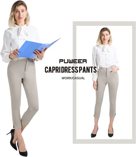 Vista 5 de PUWEER Capri Pants for Women Dressy Business Casual Stretchy Slim Straight Womens Dress Pants with Pockets