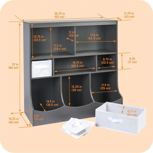 Vista 4 de Badger Basket Combo Bin Unidad de almacenamiento de juguetes y estante para libros para niños con 3 cestas - Gris oscuro