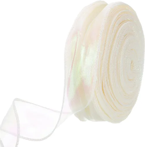 Vista 54 de MECCANIXITY - Cinta de organza con cable de 1 1/2" de ancho, brillante, transparente, con brillo irisado en tonos pastel, cinta de gasa para Beige