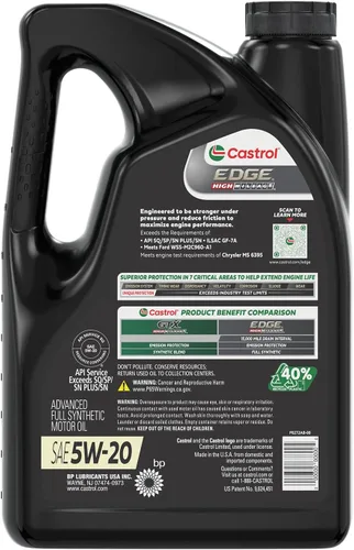 Vista 4 de Castrol EDGE High Mileage 5W-20 Aceite de motor sintético avanzado completo, 5 cuartos de galón