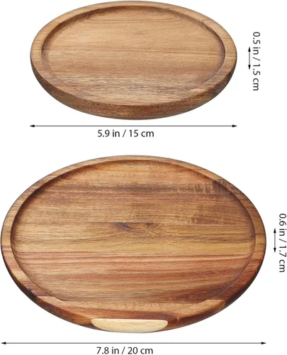 Vista 4 de STOBAZA Bandejas decorativas de madera de acacia para mesa auxiliar, juego de 2 bandejas redondas de madera para centro de mesa, bandeja para velas