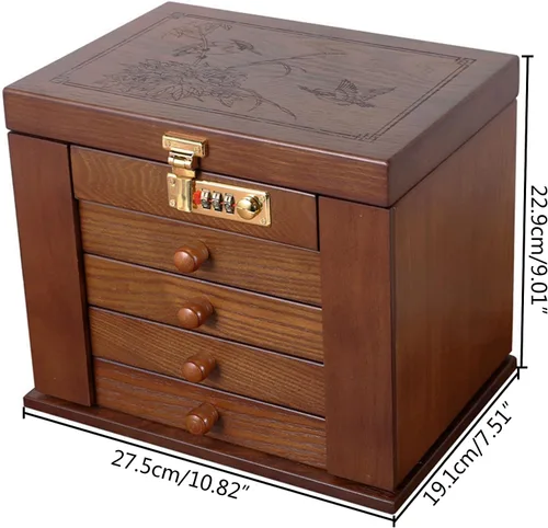 Vista 3 de DYRABREST Joyero organizador de madera con cerradura de combinación con cerradura grande con cerradura para vestidor, contenedor de almacenamiento