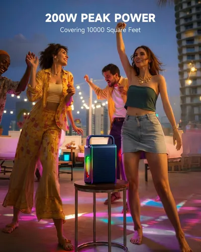 Vista 3 de Moukey MPS5 - Máquina de karaoke portátil, altavoz recargable de 200 W de potencia máxima con 2 micrófonos inalámbricos y correa, compatible con BT
