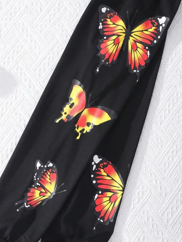 Vista 4 de SOLY HUX Camiseta de manga corta con estampado de mariposas y dobladillo alto y bajo, con pantalones deportivos, 3 piezas