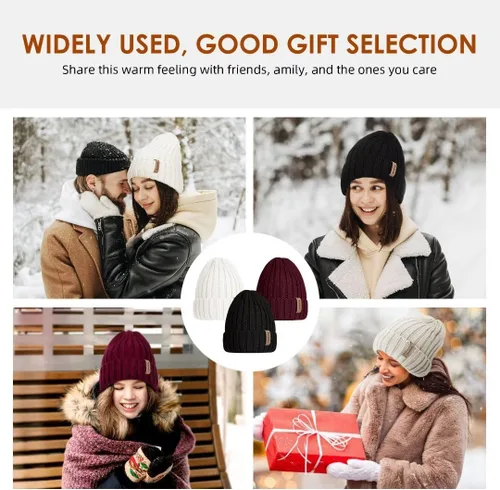 Vista 7 de Gorro de punto de invierno para mujer, 3 piezas, gorro de punto cálido a la moda, gorro para mujer para otoño y clima frío